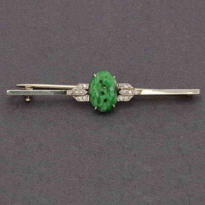 Estate Jadeite Carved Art Deco Platinum and Diamond Brooch