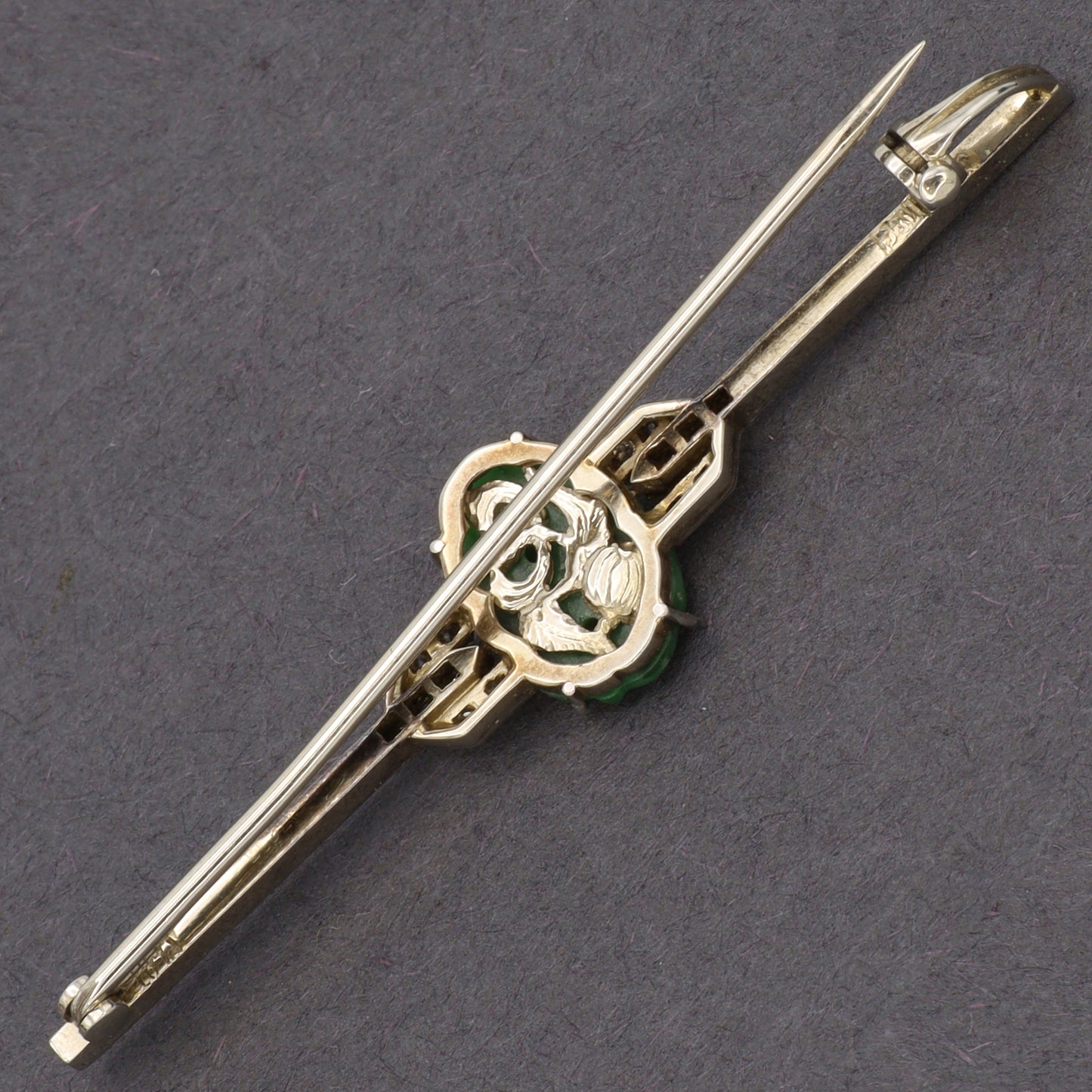 Estate Jadeite Carved Art Deco Platinum and Diamond Brooch