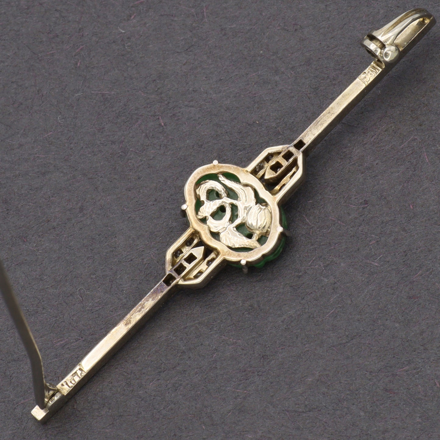 Estate Jadeite Carved Art Deco Platinum and Diamond Brooch