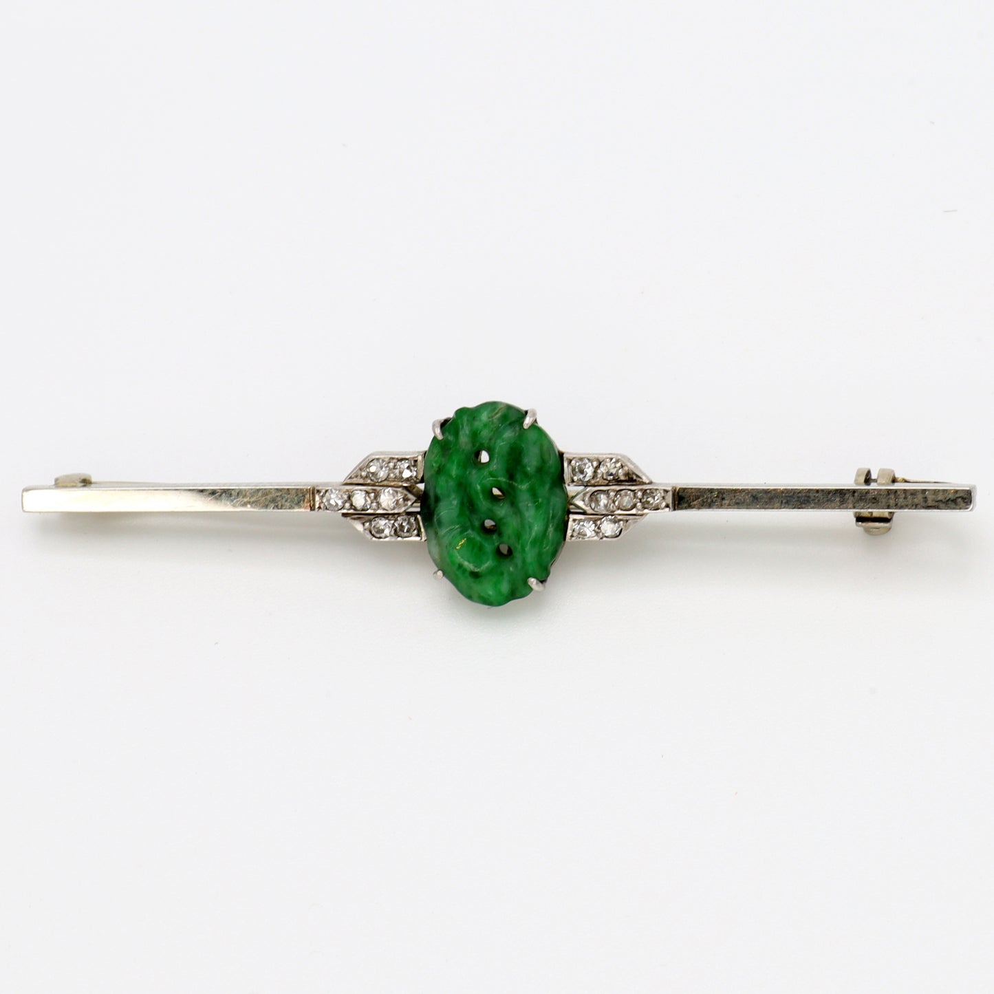 Estate Jadeite Carved Art Deco Platinum and Diamond Brooch
