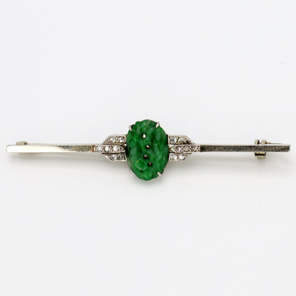Estate Jadeite Carved Art Deco Platinum and Diamond Brooch