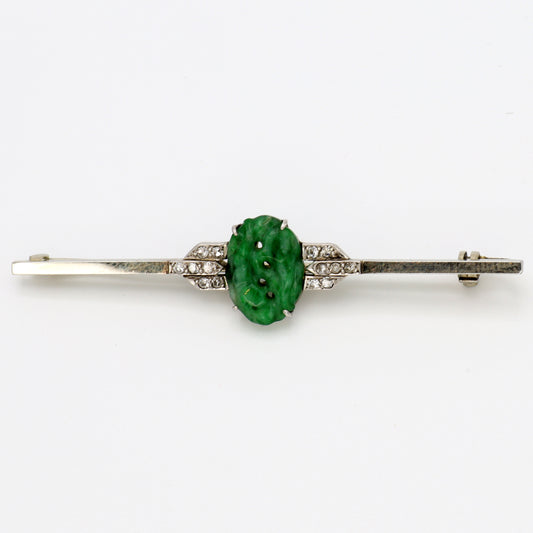 Estate Jadeite Carved Art Deco Platinum and Diamond Brooch
