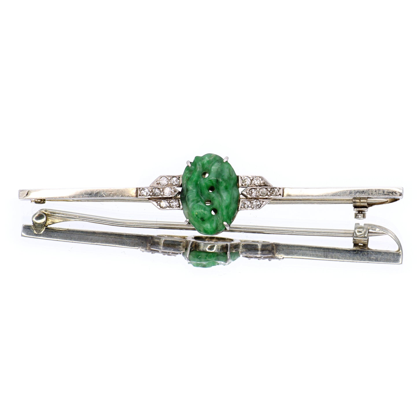 Estate Jadeite Carved Art Deco Platinum and Diamond Brooch