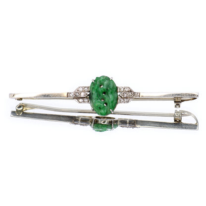 Estate Jadeite Carved Art Deco Platinum and Diamond Brooch