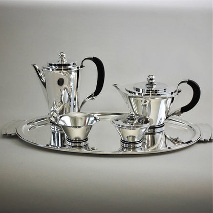 Georg Jensen Sterling Silver Pyramid Tea & Coffee Suite with Tray, No.600A by Harald Nielsen