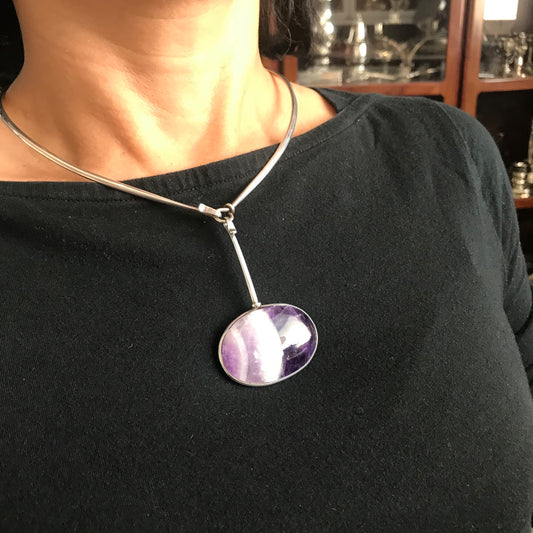 Georg Jensen Sterling Silver Neck Ring No 410 with Amethyst Drop No 133 by Vivianna Torun 