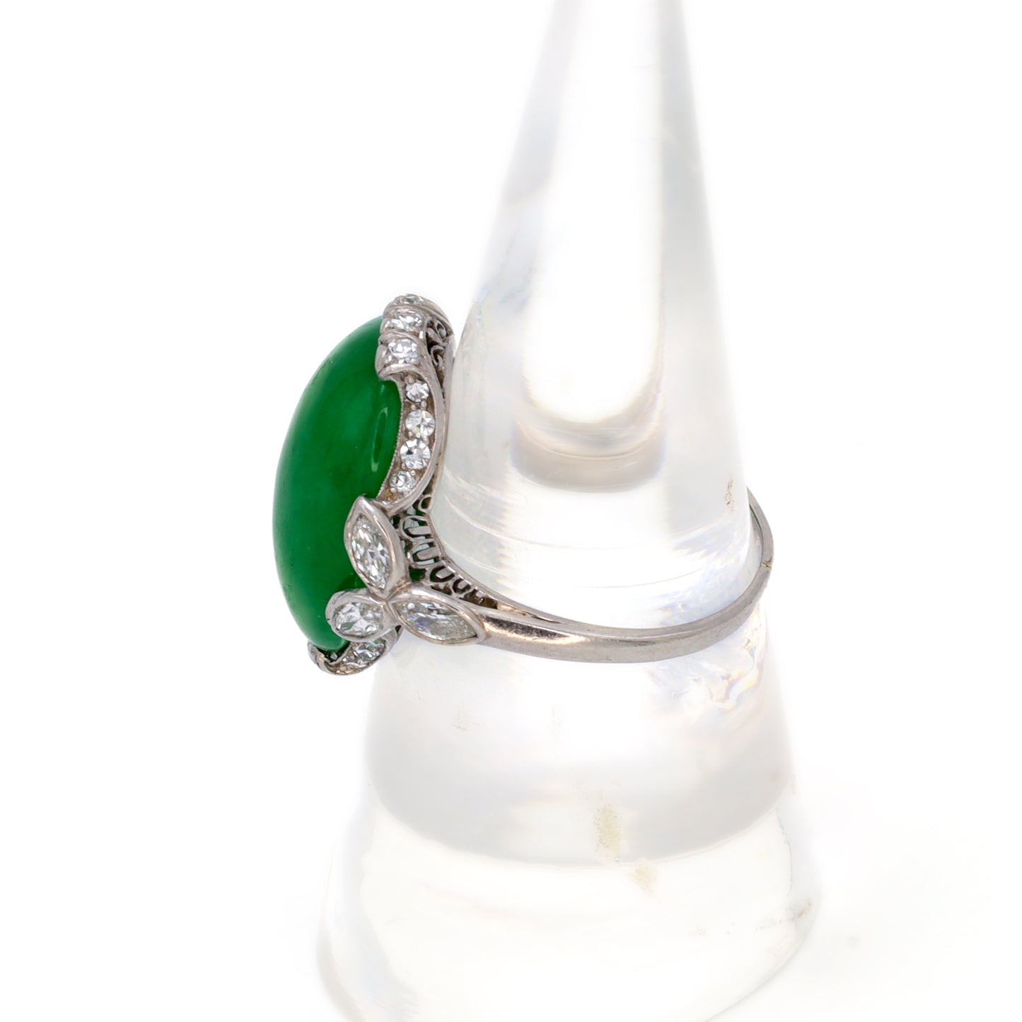 Estate Edwardian Oval Jadeite Cabochon Ring in Platinum with Diamond