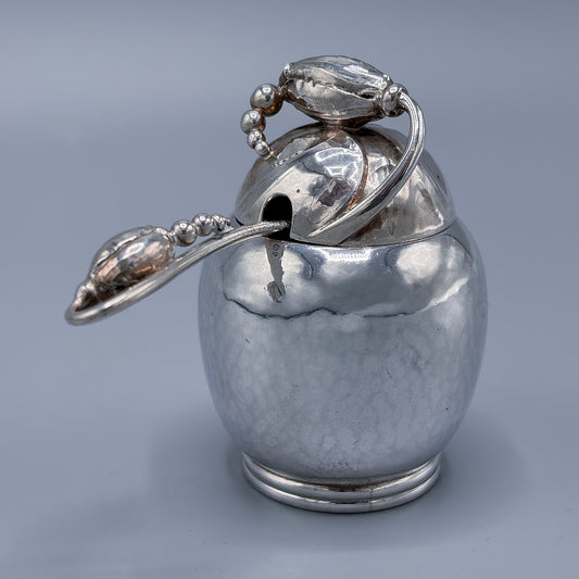Antique Georg Jensen Sterling Silver Blossom Mustard Pot w/Green Enamel Interior  No. 2A with Sterling Blossom Spoon