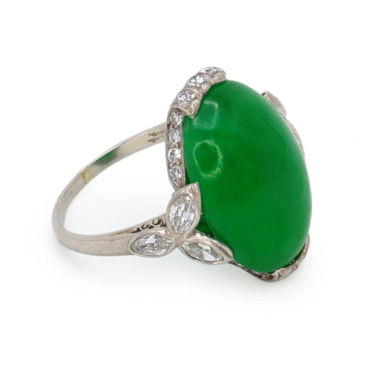 Estate Edwardian Oval Jadeite Cabochon Ring in Platinum with Diamond