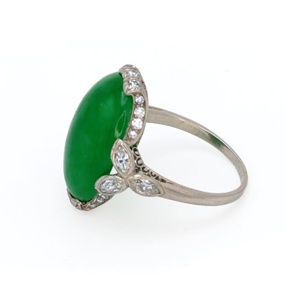 Estate Edwardian Oval Jadeite Cabochon Ring in Platinum with Diamond