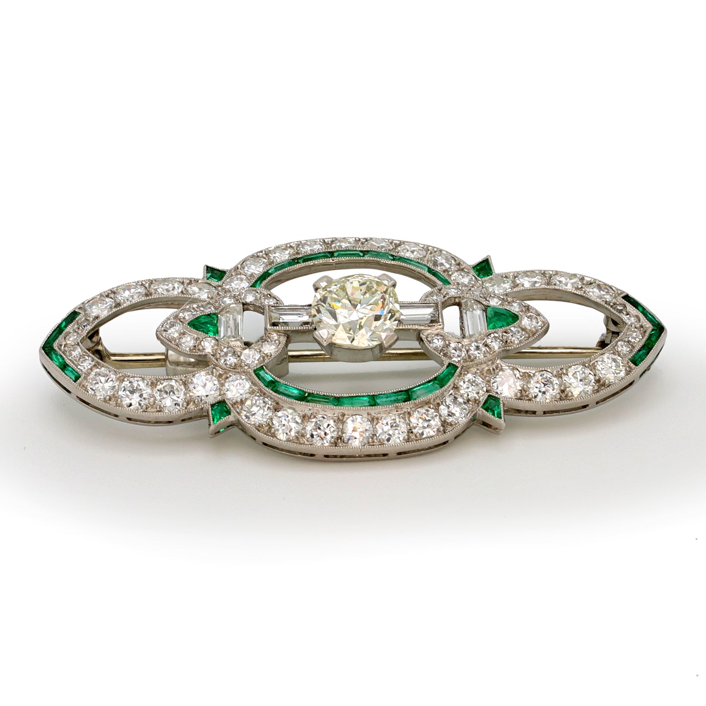 Estate Art Deco Platinum Pin with Emeralds and Diamonds