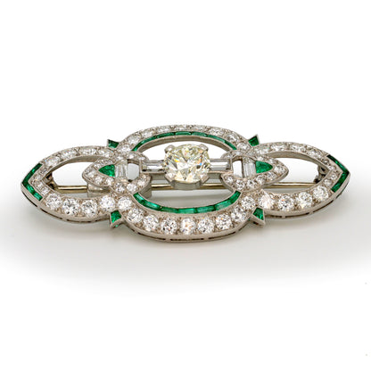 Estate Art Deco Platinum Pin with Emeralds and Diamonds