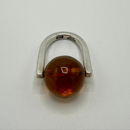 Estate Sterling Silver Modernist Ring with Amber Ball