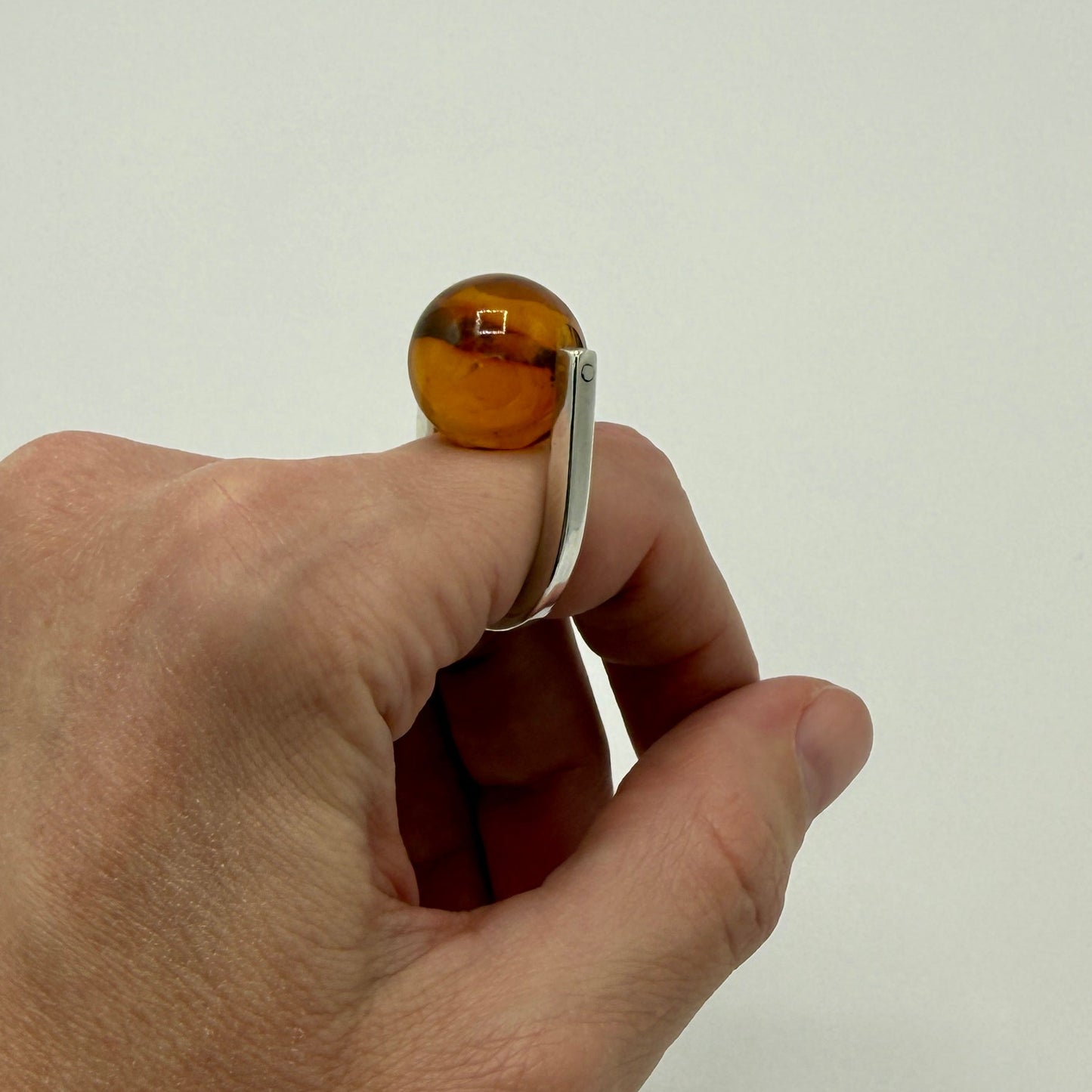Estate Sterling Silver Modernist Ring with Amber Ball