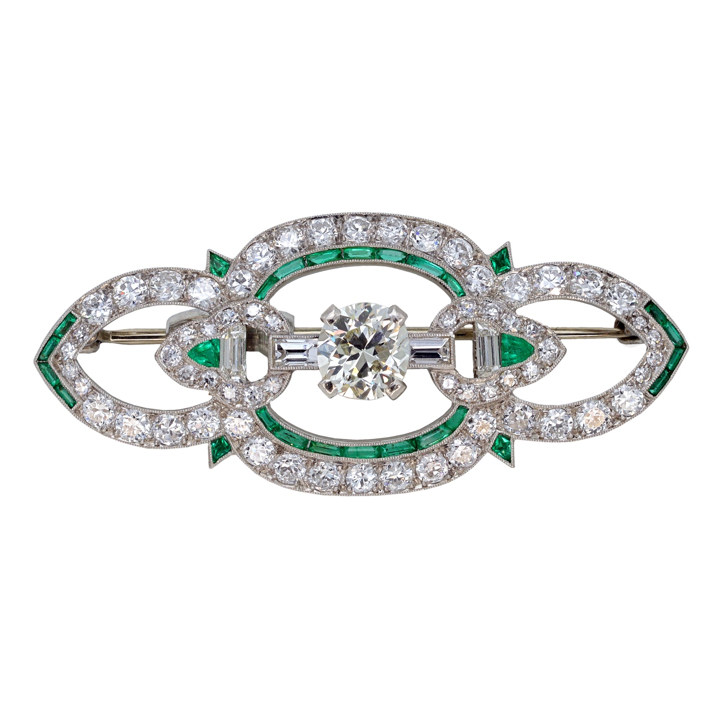 Estate Art Deco Platinum Pin with Emeralds and Diamonds