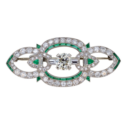Estate Art Deco Platinum Pin with Emeralds and Diamonds