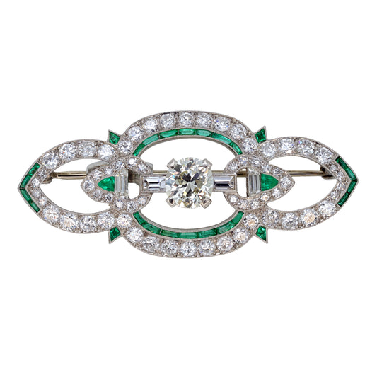 Estate Art Deco Platinum Pin with Emeralds and Diamonds