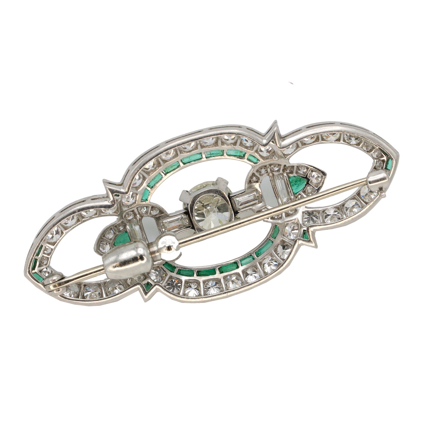 Estate Art Deco Platinum Pin with Emeralds and Diamonds