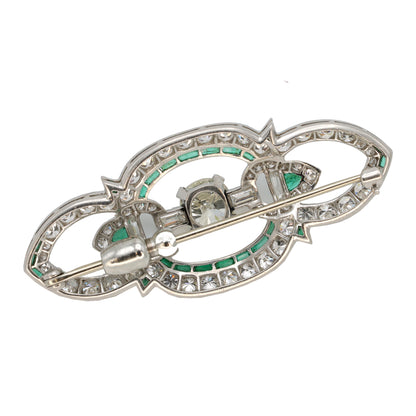 Estate Art Deco Platinum Pin with Emeralds and Diamonds
