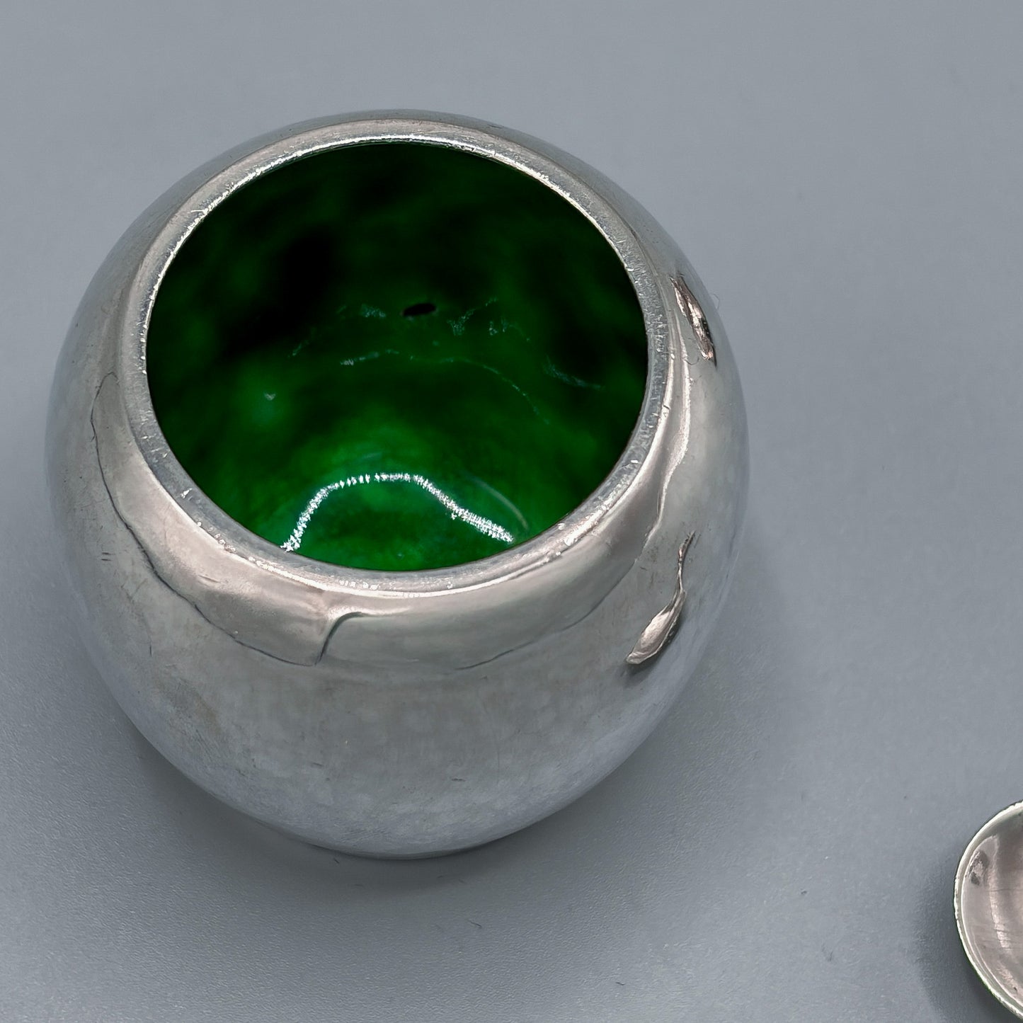 Antique Georg Jensen Sterling Silver Blossom Mustard Pot w/Green Enamel Interior  No. 2A with Sterling Blossom Spoon