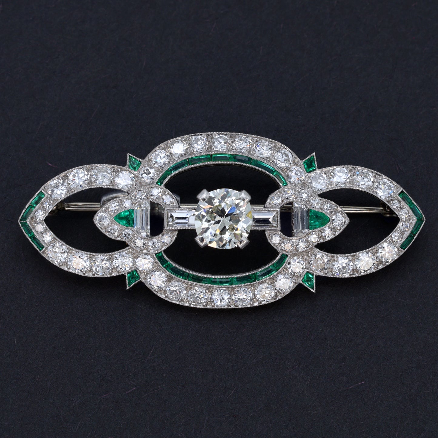 Estate Art Deco Platinum Pin with Emeralds and Diamonds