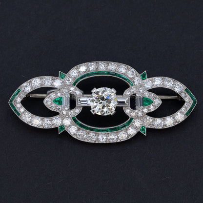 Estate Art Deco Platinum Pin with Emeralds and Diamonds