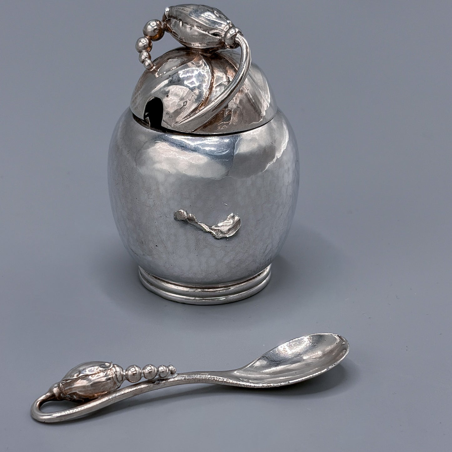 Antique Georg Jensen Sterling Silver Blossom Mustard Pot w/Green Enamel Interior  No. 2A with Sterling Blossom Spoon