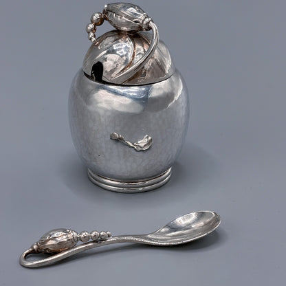 Antique Georg Jensen Sterling Silver Blossom Mustard Pot w/Green Enamel Interior  No. 2A with Sterling Blossom Spoon