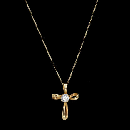 Estate 14KT Yellow Gold Infinity Cross Pendant Necklace with Diamond