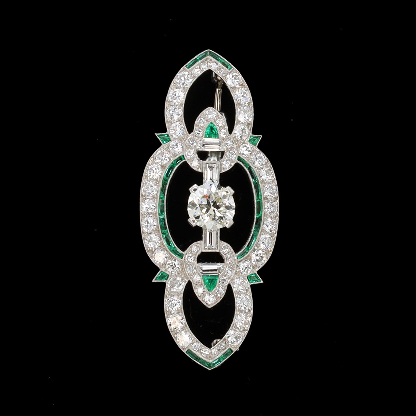 Estate Art Deco Platinum Pin with Emeralds and Diamonds