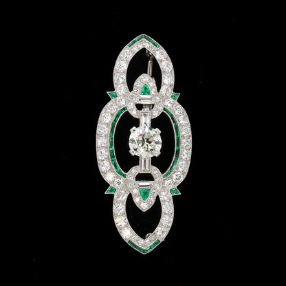 Estate Art Deco Platinum Pin with Emeralds and Diamonds