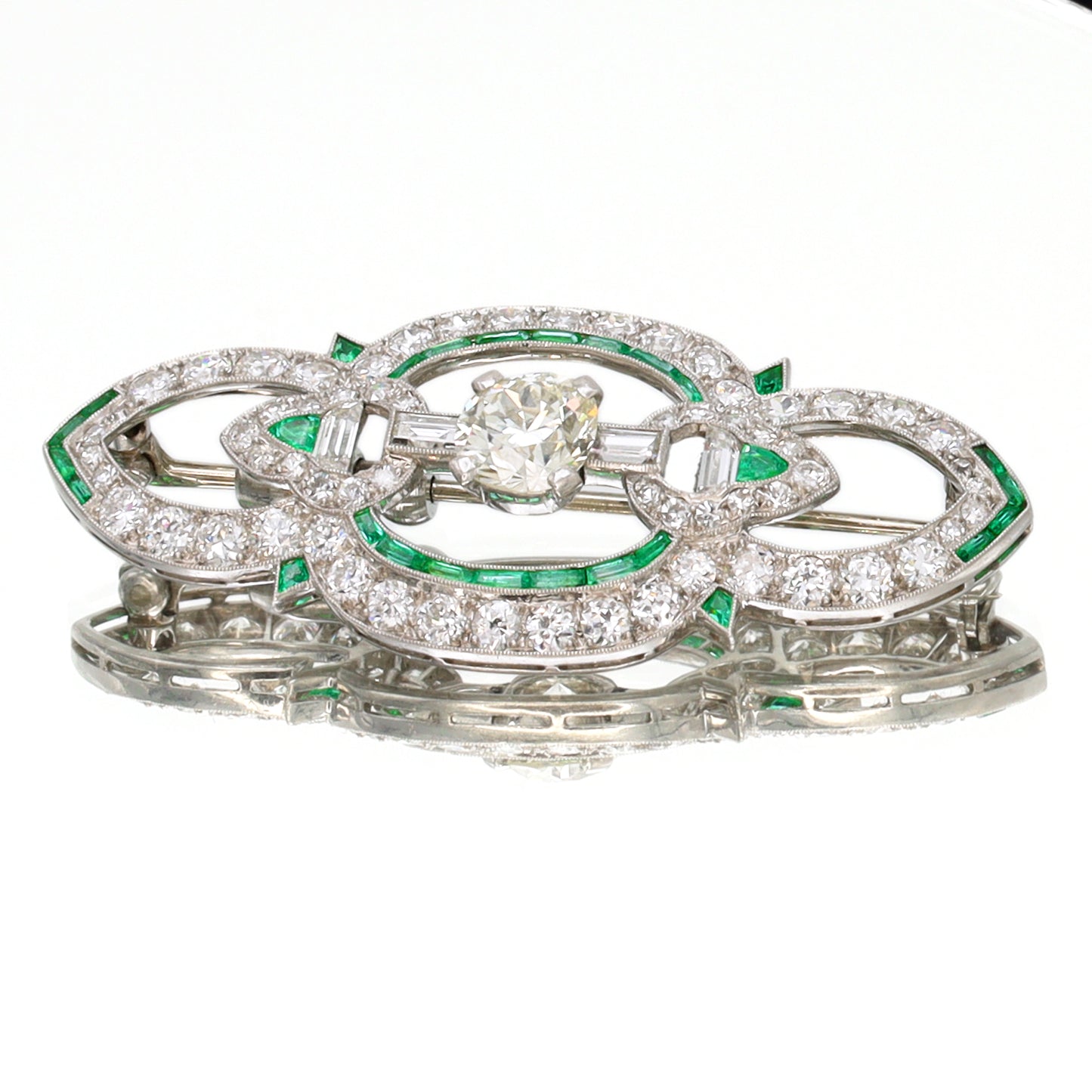 Estate Art Deco Platinum Pin with Emeralds and Diamonds