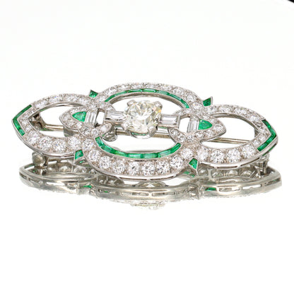 Estate Art Deco Platinum Pin with Emeralds and Diamonds