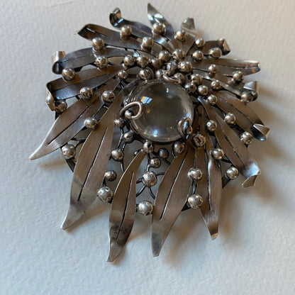 Sterling Silver Foliate Motif Brooch with Rock Crystal by Mary Gage