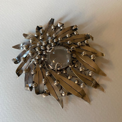 Sterling Silver Foliate Motif Brooch with Rock Crystal by Mary Gage