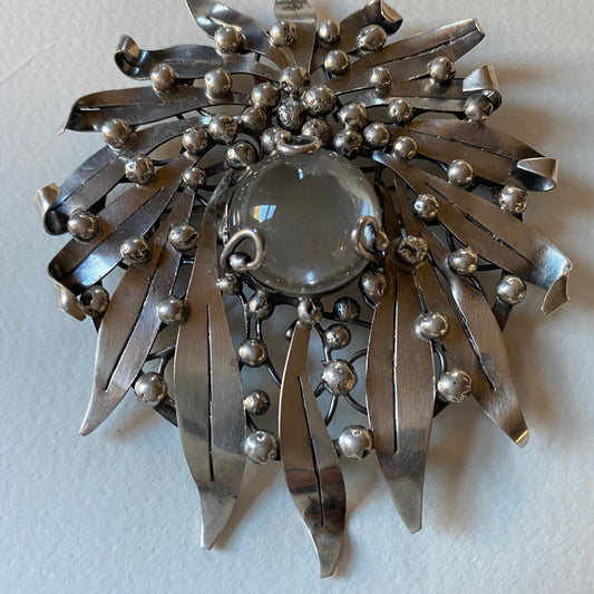 Sterling Silver Foliate Motif Brooch with Rock Crystal by Mary Gage