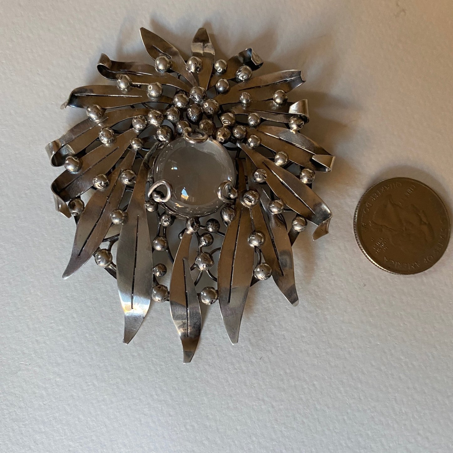 Sterling Silver Foliate Motif Brooch with Rock Crystal by Mary Gage