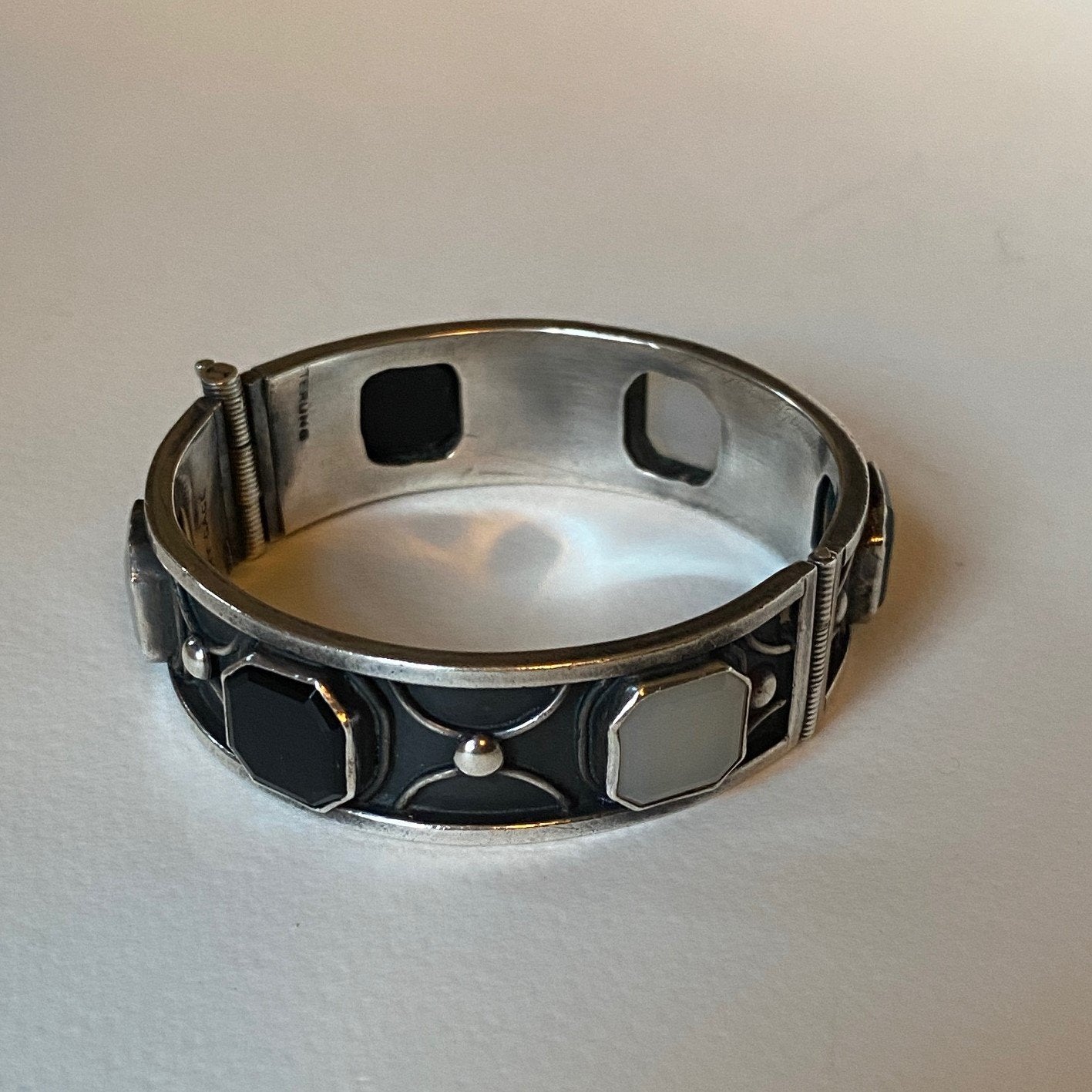 Mary Gage Sterling Silver Bangle with Black Onyx & White Chalcedony