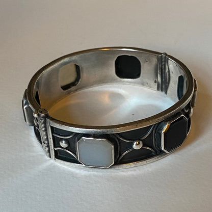 Mary Gage Sterling Silver Bangle with Black Onyx & White Chalcedony