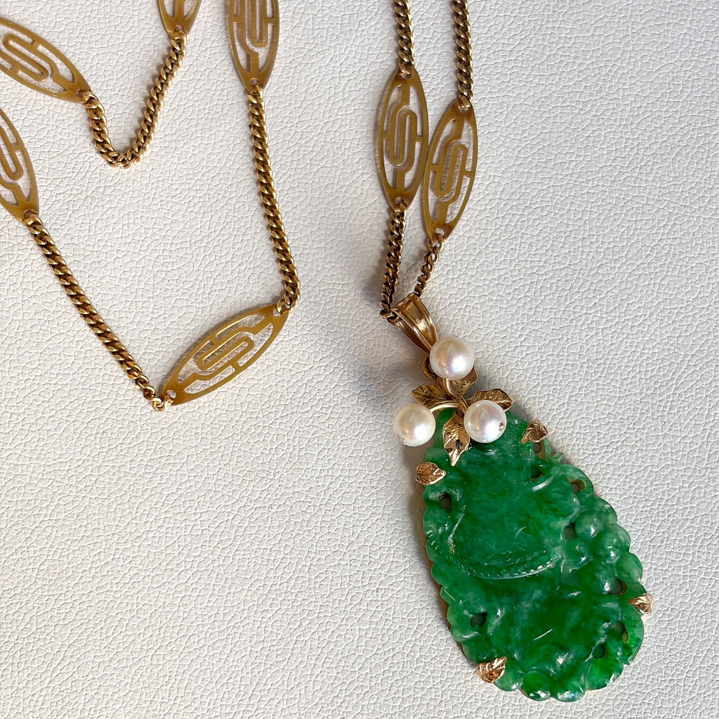 Ming's Teardrop Jade Pendant and 14k Gold Filigree Necklace
