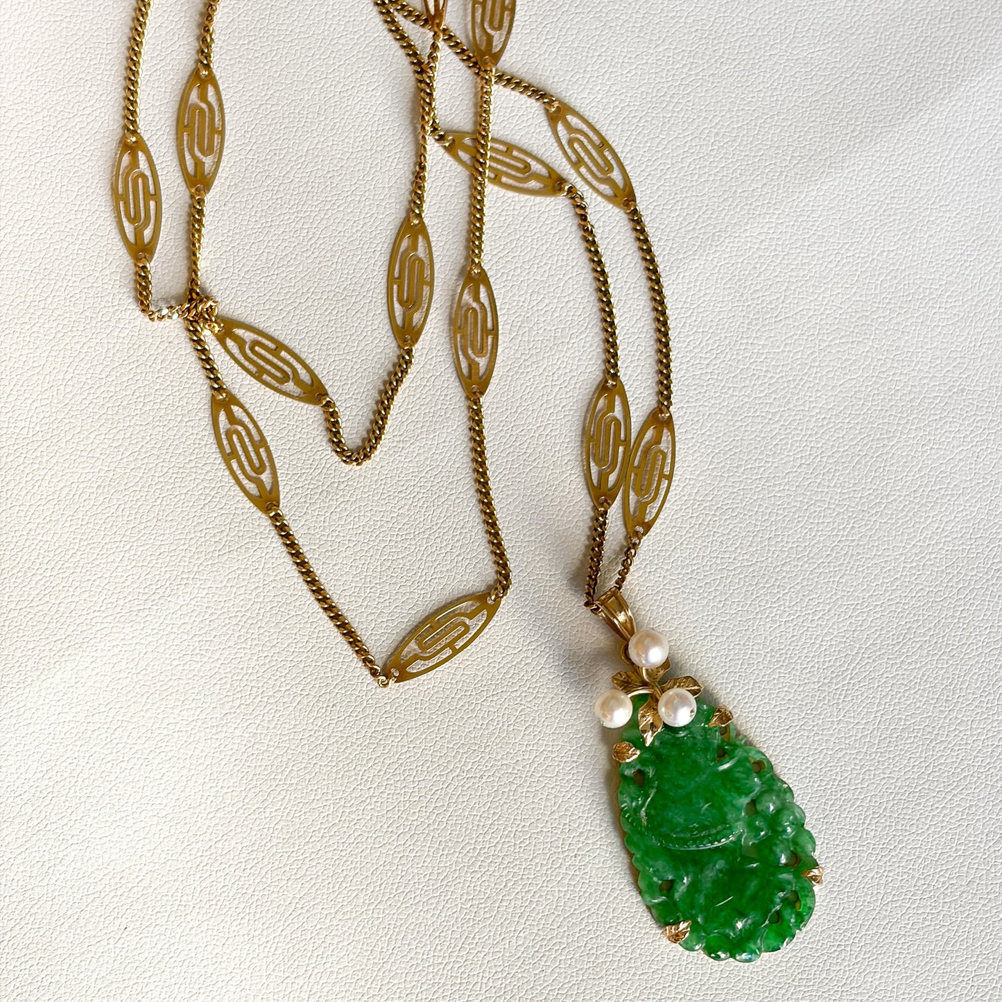 Ming's Teardrop Jade Pendant and 14k Gold Filigree Necklace
