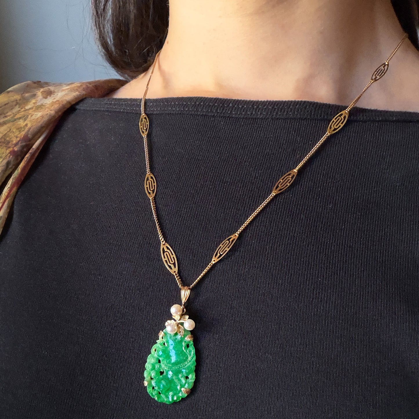 Ming's Teardrop Jade Pendant and 14k Gold Filigree Necklace