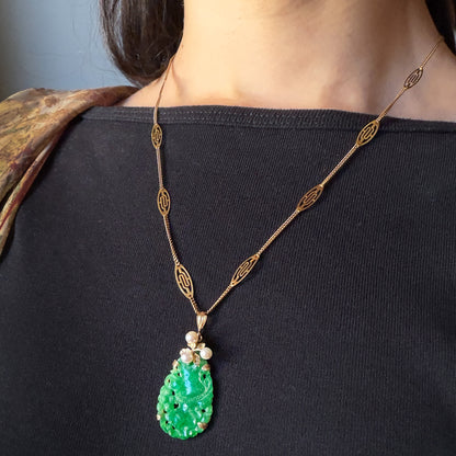 Ming's Teardrop Jade Pendant and 14k Gold Filigree Necklace