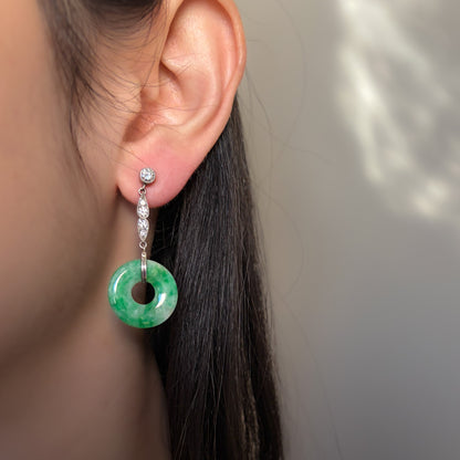 Estate Art Deco Jadeite Circular 18KT White Gold Diamond Drop Earrings