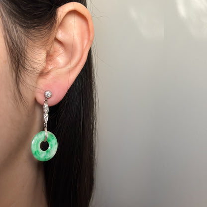 Estate Art Deco Jadeite Circular 18KT White Gold Diamond Drop Earrings