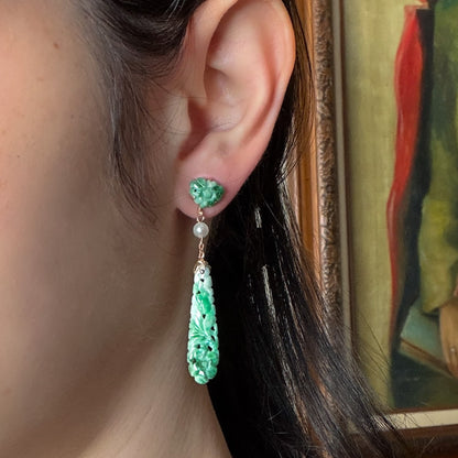Estate Edwardian Carved Jadeite Earrings with Pearls