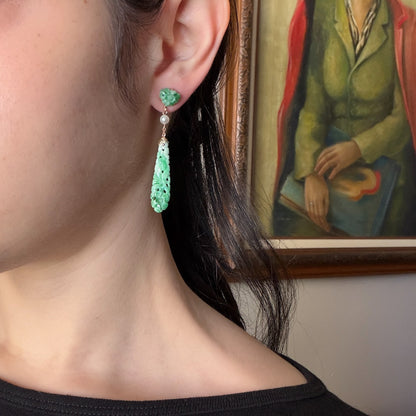 Estate Edwardian Carved Jadeite Earrings with Pearls