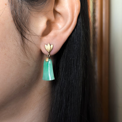 Estate Apple Green Jadeite Bell Shaped Earrings in 14kt Gold