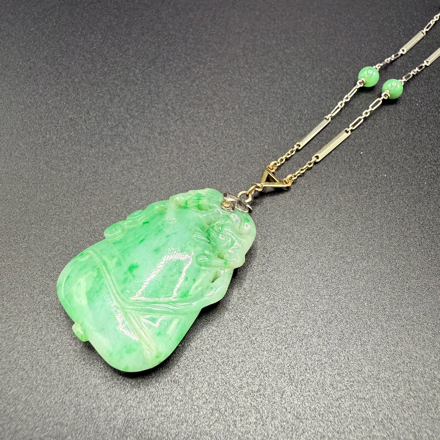 Estate Large Elongated Jade Pendant Necklace with Satellite Jade Ball Chain