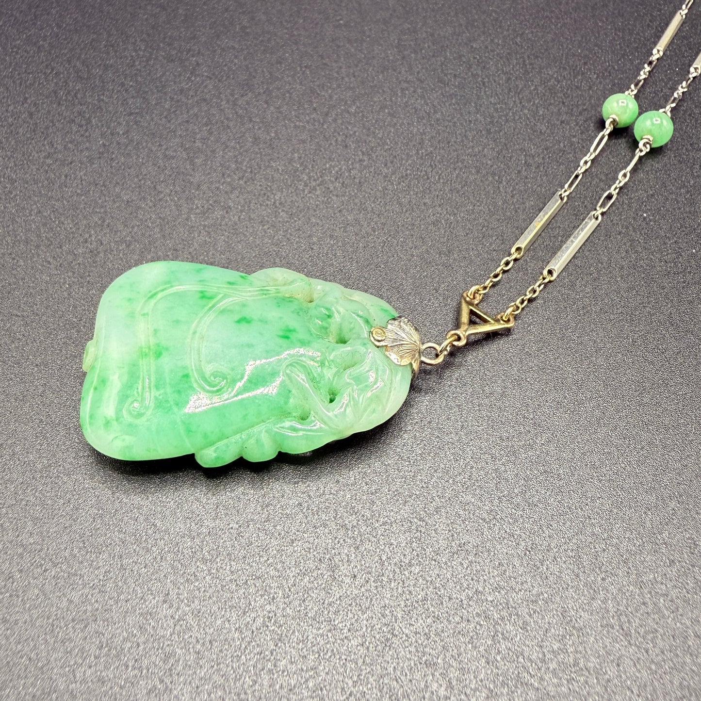 Estate Large Elongated Jade Pendant Necklace with Satellite Jade Ball Chain